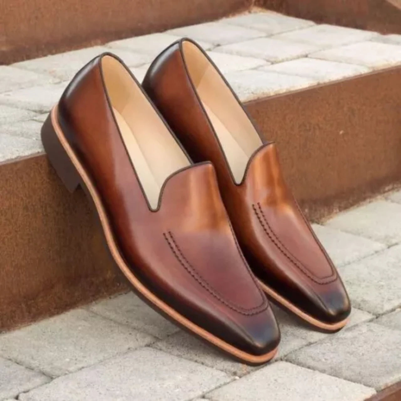 Totally Handmade Best Seller Amber Patina Finish Brown Loafer