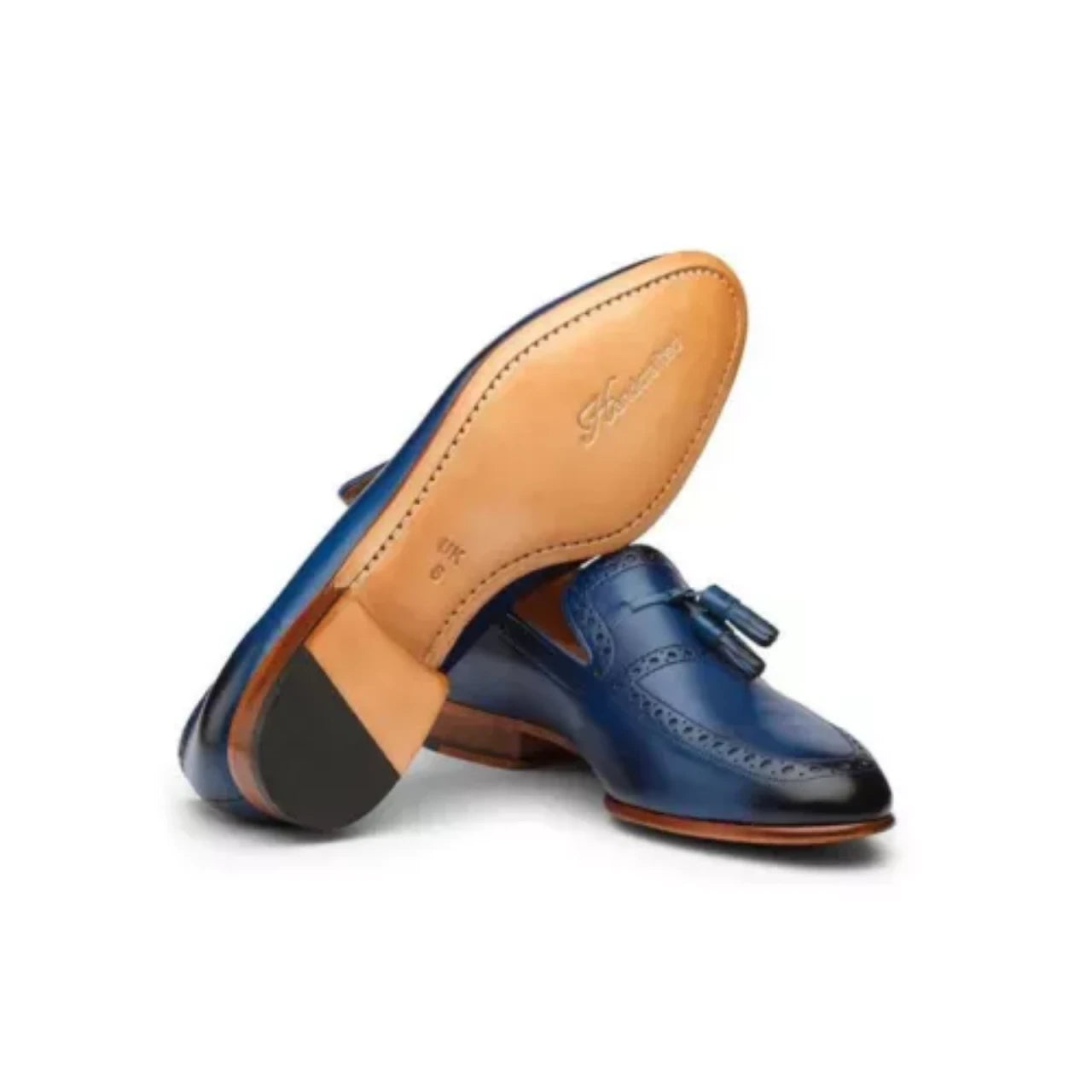 Totally Handmade Blue Punched Tassel Loafer Shoes for Mens.