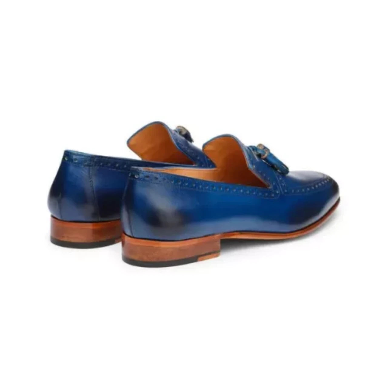 Totally Handmade Blue Punched Tassel Loafer Shoes for Mens.