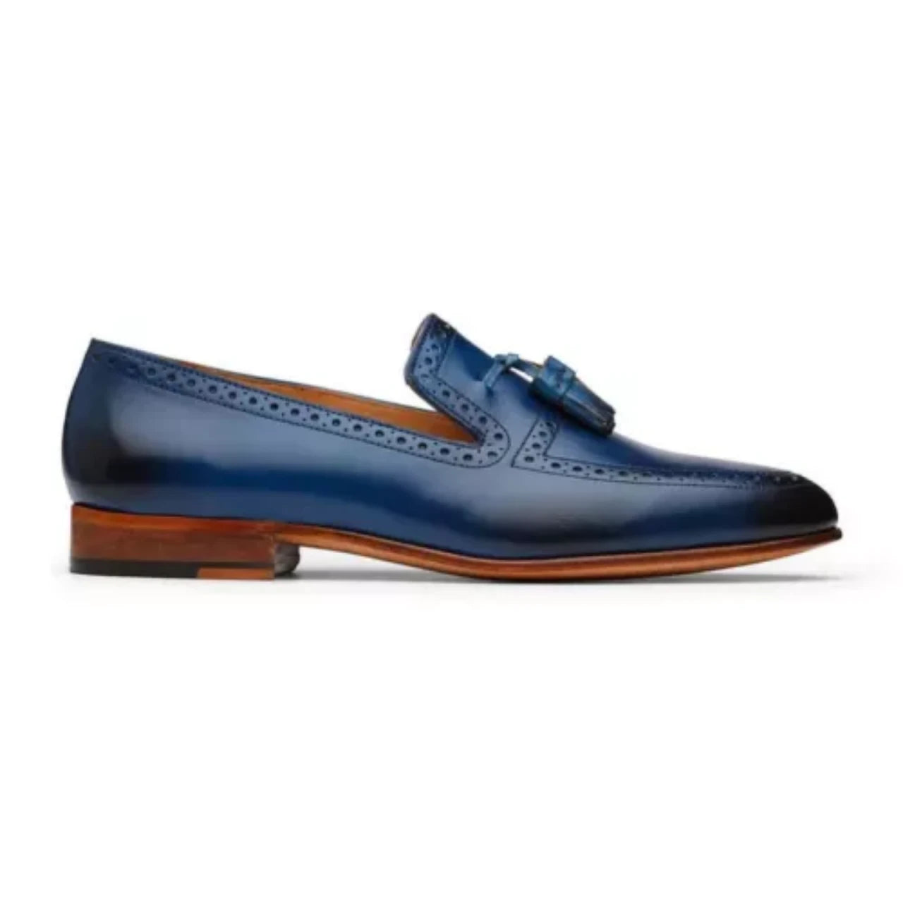 Totally Handmade Blue Punched Tassel Loafer Shoes for Mens.
