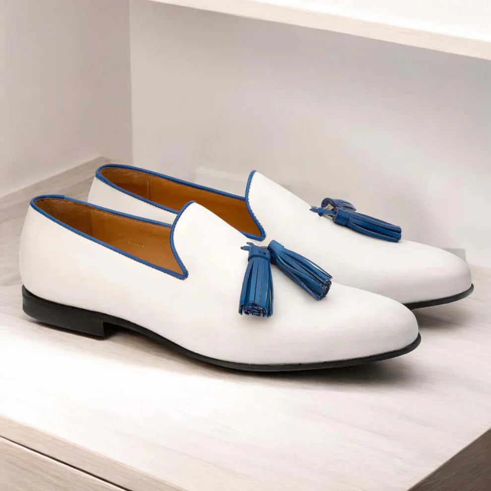 Men Handcrafted White tussle Loafer Shoes, Loafer Party Shoes