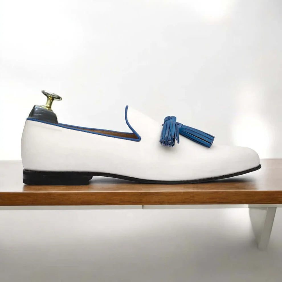 Men Handcrafted White tussle Loafer Shoes, Loafer Party Shoes