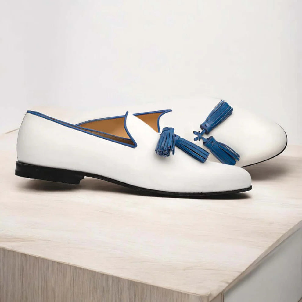 Men Handcrafted White tussle Loafer Shoes, Loafer Party Shoes